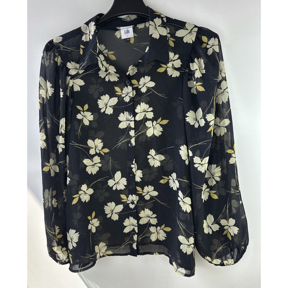 CAbi Cosmo Blouse Black Floral Chiffon Sheer Button Front Top 4159 Size Large - Picture 12 of 13